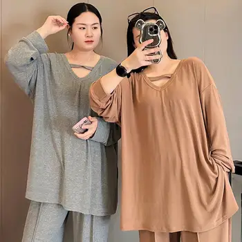 Yeni Kadın Artı Boyutu 2 Parça Sonbahar Bahar Pijama Rahat Pijama Setleri Uzun Kollu Pantolon Yumuşak Gevşek Basit Katı Loungewear