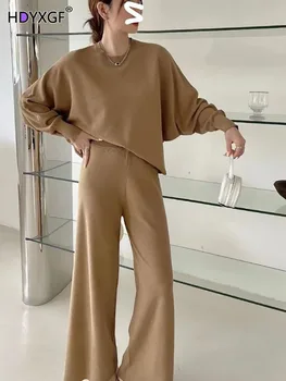 Zarif Rahat O-boyun Örgü Kazak + yüksek Bel Geniş Bacak rahat pantolon Sonbahar Kış Streetwear 2 Parça Kıyafetler Kadınlar İçin 2024