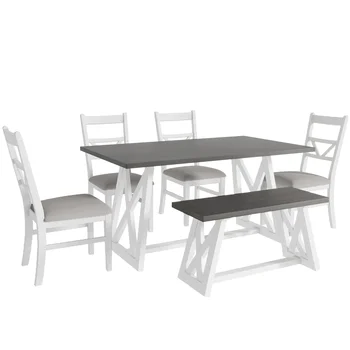 Çapraz Ayaklı 6 Parçalı Yemek Masası Takımı, 4 Döşemeli Yemek Sandalyesi ve Masif Ahşap Banklı Mutfak Takımı, Beyaz