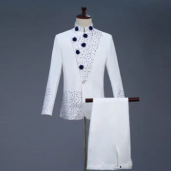 Beyaz Erkek Takım Elbise erkek Retro Zhongshan Takım Elbise Çin Tarzı Elbise Beyaz Elmas kakma erkek Yaka Blazer Düğün Takımları erkekler için
