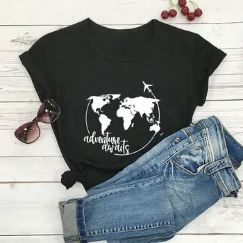 Macera Bekliyor Yeni Varış Keşfetmek Gömlek %100 % Pamuk Kadın Tişört Unisex Komik Yaz Rahat Kısa Kollu Üst Yürüyüş Gömlek