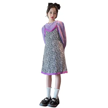 Bahar Yeni Rahat Setleri Kızlar için Moda Askı Çiçek Elbise + Kazak 2 adet Gençler Giyim Örme Kazak Etek Takım Elbise 4-14 Y