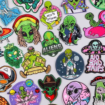 Karikatür Alien Giysi Üzerinde İşlemeli Yamalar UFO Aplike Demir On Yamalar Giysi Çıkartmalar Dikiş Nakış Yama Rozetleri