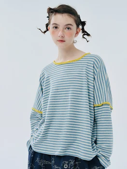 IMAKOKONİ orijinal tasarım yeni yuvarlak boyun kazak çizgili dikiş moda trendi uzun kollu tişört kadın giyim 244450