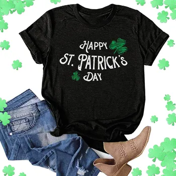 Yonca Baskı T-Shirt St-Patrick Günü T-Shirt Rahat İrlandalı Ulusal Gün Tee-Shirt Kısa Kollu Üst Yuvarlak Boyun Yeşil Kadın Chemise