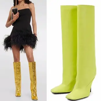 Parlak Altın Siyah Mat Deri Kare Ayak Diz Yüksek Çizmeler Kadın 10 CM Stiletto Topuklu Tüp Kayma Uzun Botas Ayakkabı Boyutu 43