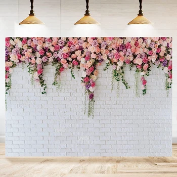 Beyaz Tuğla Duvar Çiçekler Fotoğraf Backdrop sevgililer Günü Tema anneler Günü Düğün Parti Afiş Dekorasyon Arka Plan