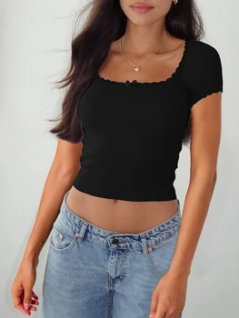 Kadın Y2k Dantel Trim Kırpma Üstleri Kısa Kollu Kare Boyun Slim Fit Temel T-Shirt