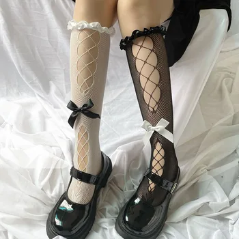 Seksi Diz Yüksek Dantel Çorap Kadın papyon Bandaj Örgü Çorap Sevimli Kolej Tarzı Kız Lolita Öğrenci Siyah Gotik Uzun Çorap