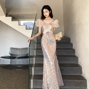 Pembe Prenses Tarzı Ünlü Ziyafet Elbise Kadınlar Lüks Pullu Qipao Seksi Geri Yay Vestidos Uzun Robe De Soiree Doğum Günü Elbisesi