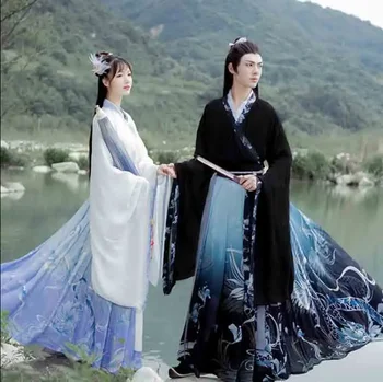 Artı Boyutu 2XL Hanfu Çiftler Çin Geleneksel Nakış Elbise Yetişkin Cadılar Bayramı Çünkü Kostüm Siyah Mavi Hanfu Erkekler için / kadın