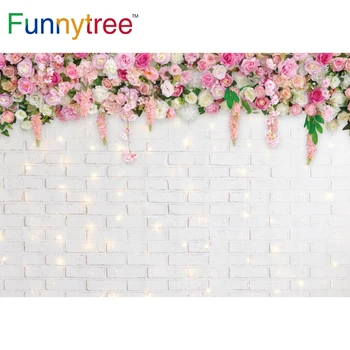 Funnytree sevgililer Günü Fotoğraf Arka Plan Glitter Beyaz Tuğla Duvar Çiçekler Düğün Photobooth Dekor Yetişkin Yıldönümü Zemin