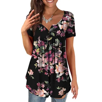 Moda V Yaka camisetas de mujer Sonbahar Düğme Kat Tunik Üst 2023 Yeni Gevşek Rahat kısa kollu tişört y2k kadın Üst