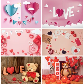 Aşk Zemin Fotoğrafçılık için Pembe Sevgililer Günü Doğum Günü Dekorasyon Afiş Düğün Parti Kırmızı Kalp Oyuncak Ayı Fotoğraf Arka Plan