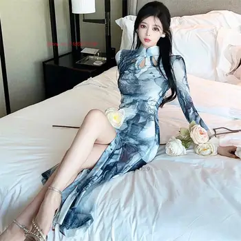 2024 çin cheongsam geleneksel seksi qipao elbise ulusal çiçek baskı örgü qipao gece kulübü gece elbisesi vestido