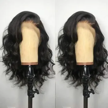 Siyah Kısa Vücut Dalga dantel ön peruk Tutkalsız Doğal Dalga Sentetik ısıya dayanıklı iplik saç peruk Bebek Saç İle 16 İnç