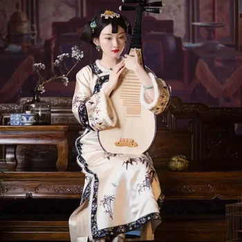 Çin Qing Hanedanı Cheongsam Saray Elbise Antika Kürk Yaka Kayısı Baskı Kış Kalınlaşmış İpek Uzun Qipao Vestido Elbise