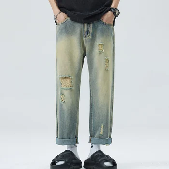 TFETTERS 2024 Yırtık Kot Erkekler Yaz Vintage Orta Rise Düz Kırpılmış Pantolon Erkekler Kitle Tarzı Moda Streetwear Geniş Bacak Pantolon