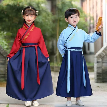 Ilkbahar Yaz Çocuk Uzun Kollu Kostümleri Gerçekleştirmek kızlar Pamuk Nakış Tang Takım Elbise Erkek Çin Güzel Antik Hanfu