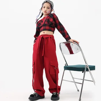 Çocuk Giyim Caz Modern Dans Kostümleri Kırmızı Ekose Kırpma Üst Hip Hop Rahat Kargo Pantolon Kız Kpop Streetwear Performans Giyim