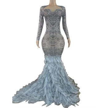Yeni Gelenler Zarif Tüy Fishtail Elbiseler Kadınlar için Köpüklü Lüks Rhinestone Elbise Doğum Günü Gelinlikler Parti Giyim için