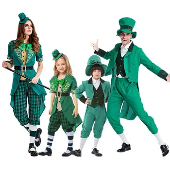 Cadılar bayramı İrlandalı Leprikon Aile Cosplay Yeşil Takım Elbise Aziz Patrick Karnaval Geçit Kostüm Şapka İle Noel Ebeveyn-çocuk kıyafeti