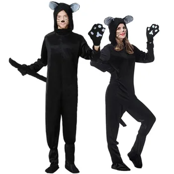 Cadılar bayramı Kostüm Siyah Kedi Çift Elbise erkek Kadın Yetişkin Siyah Kedi Tek Parça Hayvan Oyun Elbise Eldiven + Ayak kollu