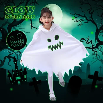 Çocuk Beyaz Hayalet Şeytan Pelerin Cadılar Bayramı Cosplay Kostüm Çocuk süslü elbise Performans Tema Parti Karanlık Elf kapüşonlu pelerin