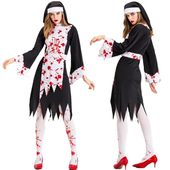 Kadın Fantezi Cadılar Bayramı Korkunç Kanlı Palyaço Elbise önlük şapka Uzun Kollu Vampir gelin kıyafeti Performans Kostümleri