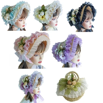 Çiçek Hasır Şapka Dantel Fascinators Kadınlar İçin Lolit Hasır Şapka Çaylar Parti SunHat Victoria Headdress Victoria Kaput