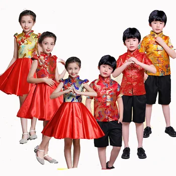 Çocuk Çin elbise Tang Hanedanı Çin geleneksel giysiler kostüm pantolon çocuk erkek kız giyim kısa kollu