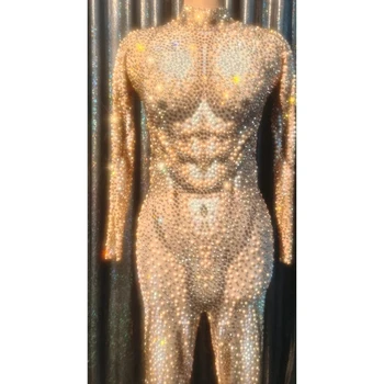 Elmas Bodysuit dans kostümü J Gece Kulübü Kıyafet Performans İnciler Rhinestones Tulum Elastik Leotard Modern Şarkıcı Kıyafeti
