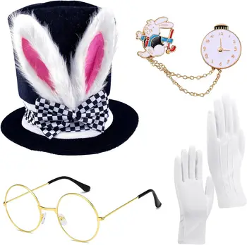 PESENAR Beyaz Tavşan Kostüm Aksesuarları Seti paskalya tavşanı kulak Dekorasyon Peluş Şapka Saat Broş Gözlük El Seti Giyinmiş