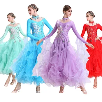 Rhinestones Kabarık Etek Boyu Standart Elbise Balo Salonu Dans Yarışması Kostümleri High End Akşam Parti Kıyafeti Rumba Kıyafetler