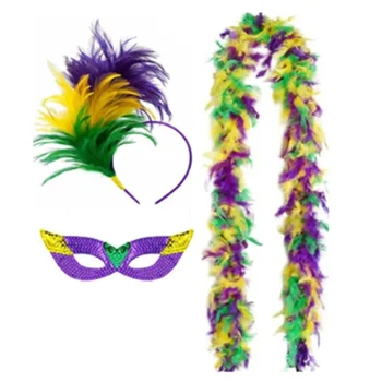 Mardi Gras kostüm aksesuarı Seti Mardi Gras Üç Renkli Göz Maskesi Tüyleri Kafa Bandı Atkısı Bayan Kızlar için Cosplay Hediye