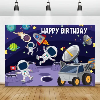 Karikatür Astronot Çocuk Doğum Günü Dekor Fotoğraf Arka Plan Evren Uzay İstasyonu Çocuk Portre Özel Poster Fotoğraf Backdrop