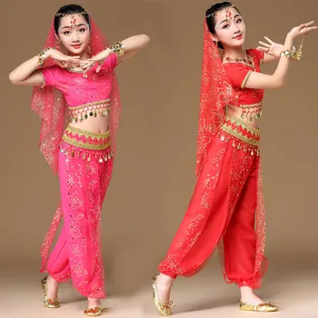Çocuklar Hint Bollywood Kız Dans Giyim Çocuk Oryantal Dans Kostümleri Set Elbiseler Şifon Sikke Performans Üst Kemer Pantolon