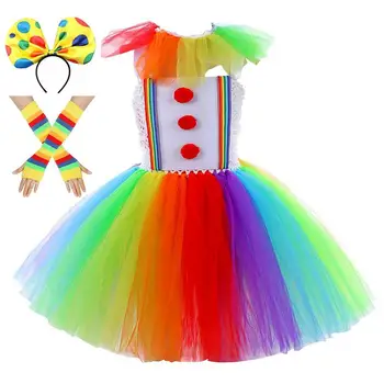 Palyaço kostümü Tutu Gökkuşağı Kız Tutu Elbise Saç Bantları Ve Eldiven Cosplay Kıyafetler 2-10 Yaşında Kız Yürümeye Başlayan Cadılar Bayramı