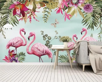 Beibehang Özel Fotoğraf Duvar Kağıdı Duvar El Boyalı Tropikal muz yaprağı flamingo çiçekler papel de parede duvar kağıtları ev dekor