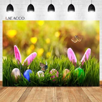 Laeacco Bahar Paskalya Zemin Karikatür Tavşan Kelebek Renkli Yumurta Çim Çiçek Çocuklar Doğum Günü Portre Fotoğrafçılığı Arka Plan