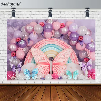 Mehofond Fotoğraf arka plan ışığı Mor Kelebek Balon Kız Kek Smash Portre Fotoğraf Sahne Doğum Günü Partisi Dekorasyon