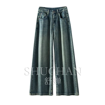 Yeni Kış Kot Kadın Tam Boy Geniş Bacak Pantolon Rahat %100 % Pamuk Yüksek Bel Kargo Kot Kadın streetwear