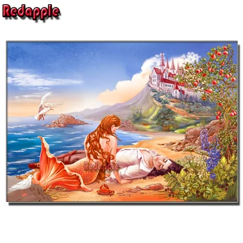 DİY Elmas Mozaik Resim Mermaid Çift, Kale, Tam Kare Matkap, Meyve Ağaçları, Mevsim Rhinestones Nakış