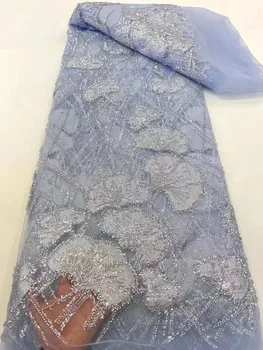 Mavi 3D çiçekler Afrika dantel kumaş boncuklu dantel kumaş dubai aplikler tül dantel gelin düğün / parti elbise dantel 5 yards / lot