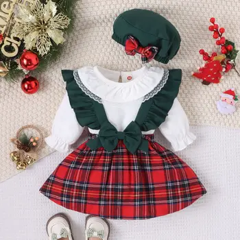 Noel Bebek Kız Giysileri Dantel Yay Ekose kemerli elbise + Dantel Tek Parça Uzun Kollu + Şapka 3 Adet Yeni Yıl Kostüm Bebek Kız setleri 0-24M