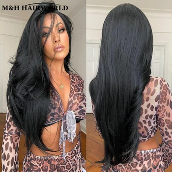 13x4 sırma ön peruk Kadınlar İçin Siyah Renkli Uzun Doğal Dalgalı sentetik saç peruk Tutkalsız sırma ön peruk Günlük Kullanım için
