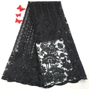 Afrika Net Dantel kumaşlar Yüksek Kalite 2018 Moda Siyah ve Beyaz Dantel Kumaş Ile 3D Çiçek Nijeryalı Dantel Elbise R85