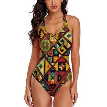 Afrika Tarzı Mayo Renkli Geometri Mayo Tek Parça Bodysuit Bayanlar Push Up Seksi Şık Beachwear