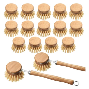 Sıcak satış Bambu Mutfak Bulaşık Fırçası Dahil (2 Adet) Fırçalama Temizleme Fırçası Ve (14 Adet)yedek Fırça Başkanları, Temizlik Malzemeleri