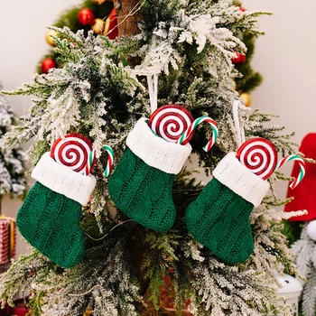 3/5 adet Kırmızı Yeşil Noel Örgü Çorap Noel Şeker Çanta Noel Çatal Kapak Noel Ağacı Kolye Yeni Yıl Ev Masa Süsü